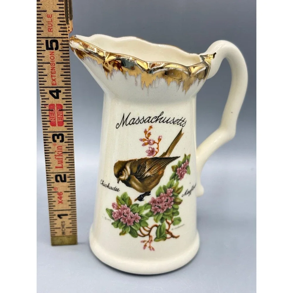 Vtg Massachusetts Souvenir Mini Pitcher Chickadee Mayflower Gold Rim Creamer 5in